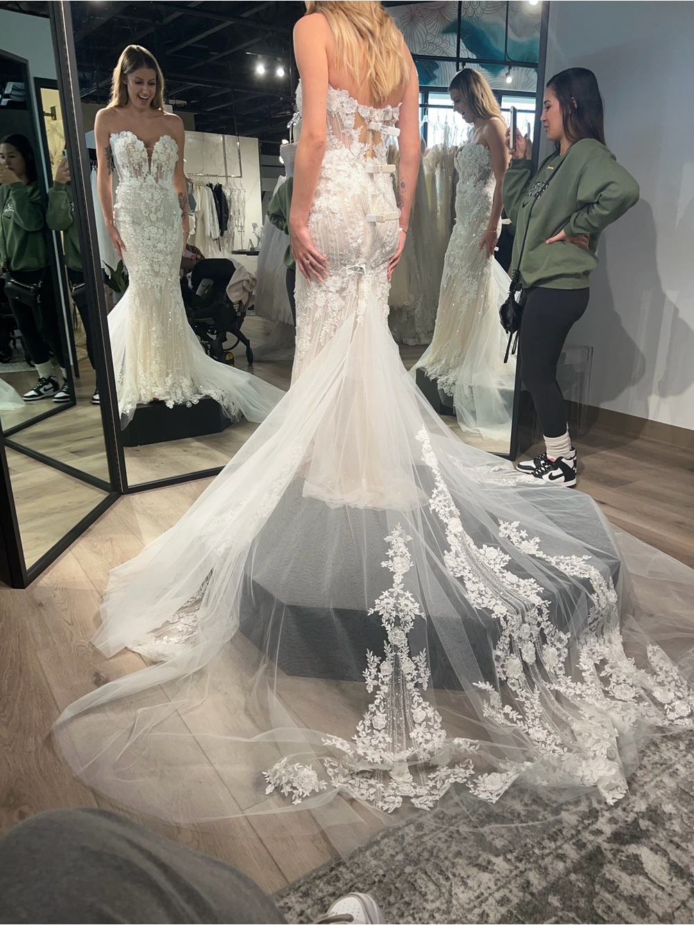 Badgley Mischka White Lace Mermaid Wedding Gown with Long Floral Train